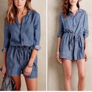 ANTHROPOLOGIE - LEVEL 99 chambray linen blend romper Sz XS/S